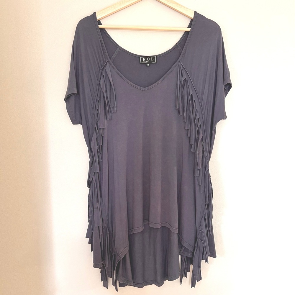 POL Charcoal Grey Fringe VNeck High Low Tunic Top Womens Med Boho Festival Goth